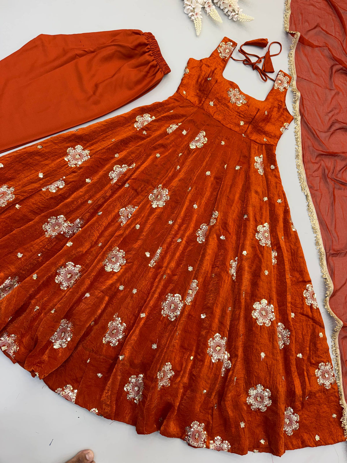 Designer Doremon Crush Embroidered Gown with Pant & Dupatta Set