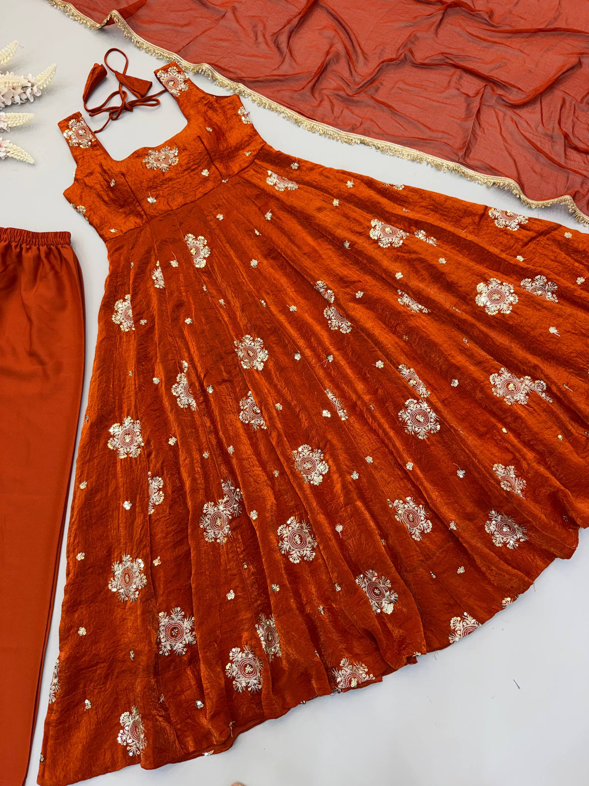 Designer Doremon Crush Embroidered Gown with Pant & Dupatta Set