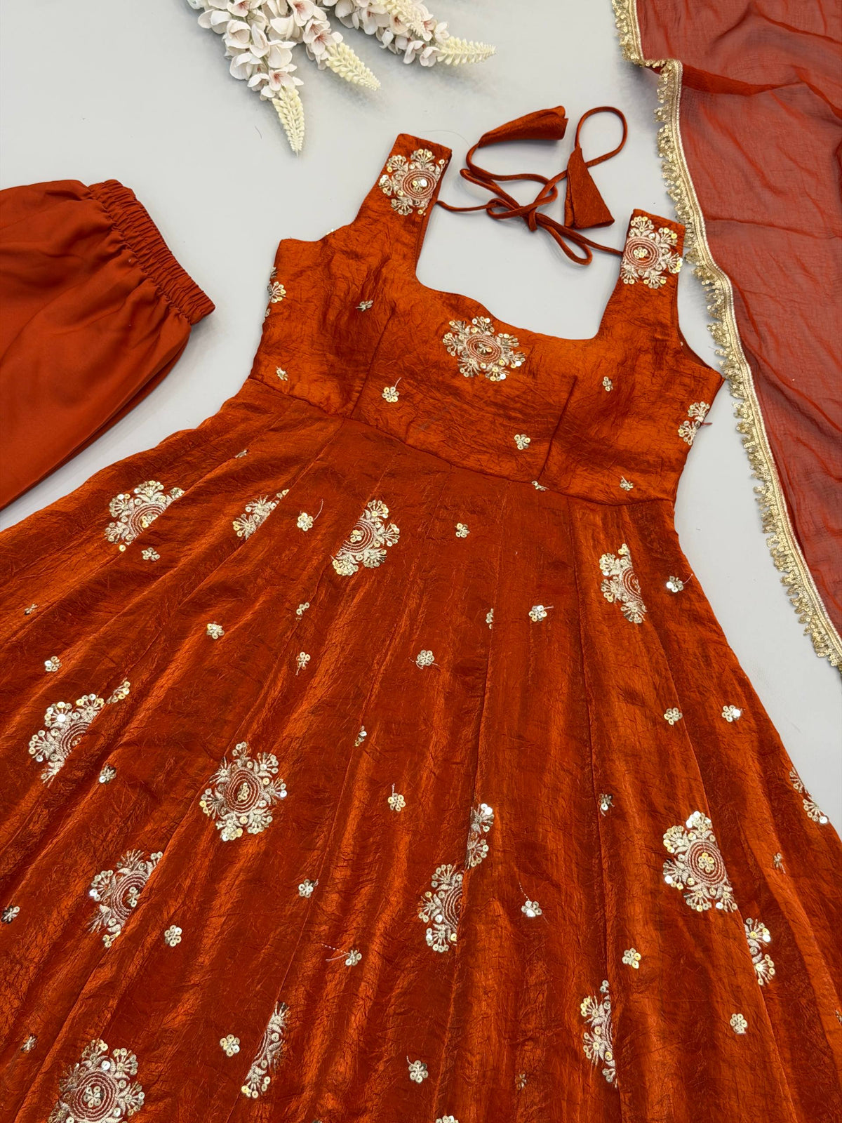 Designer Doremon Crush Embroidered Gown with Pant & Dupatta Set