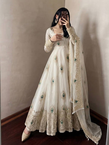 Party Wear Fendy Silk Heavy Embroidered Gown Set with Pant & Dupatta