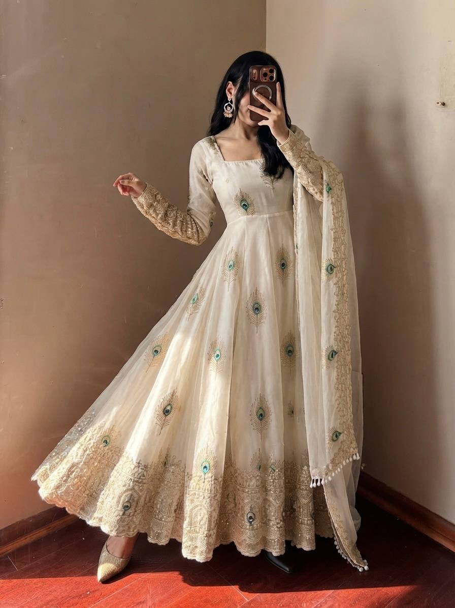 Party Wear Fendy Silk Heavy Embroidered Gown Set with Pant & Dupatta