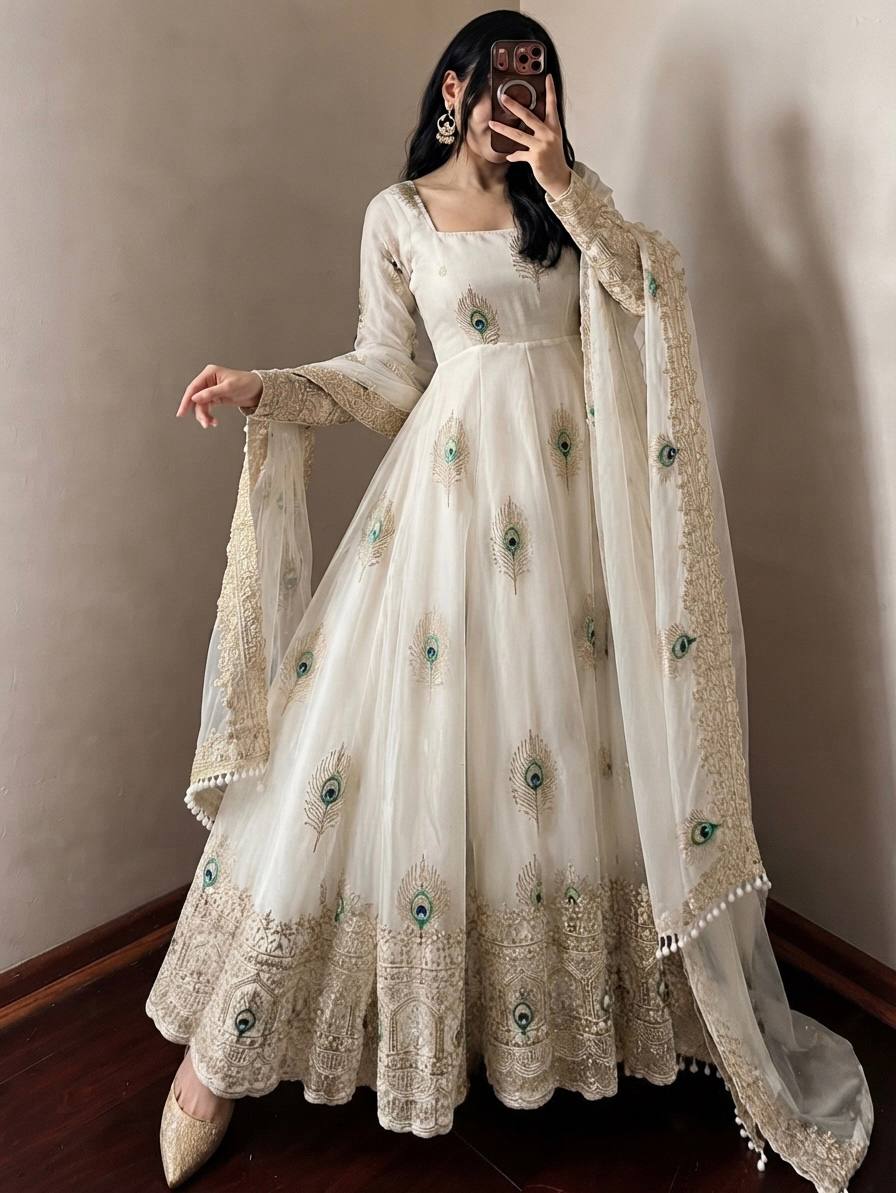Party Wear Fendy Silk Heavy Embroidered Gown Set with Pant & Dupatta