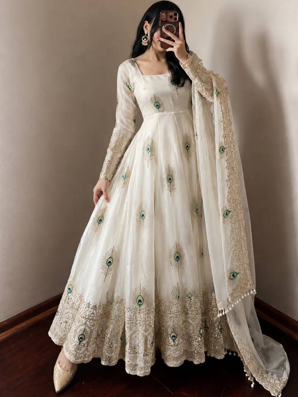 Party Wear Fendy Silk Heavy Embroidered Gown Set with Pant & Dupatta