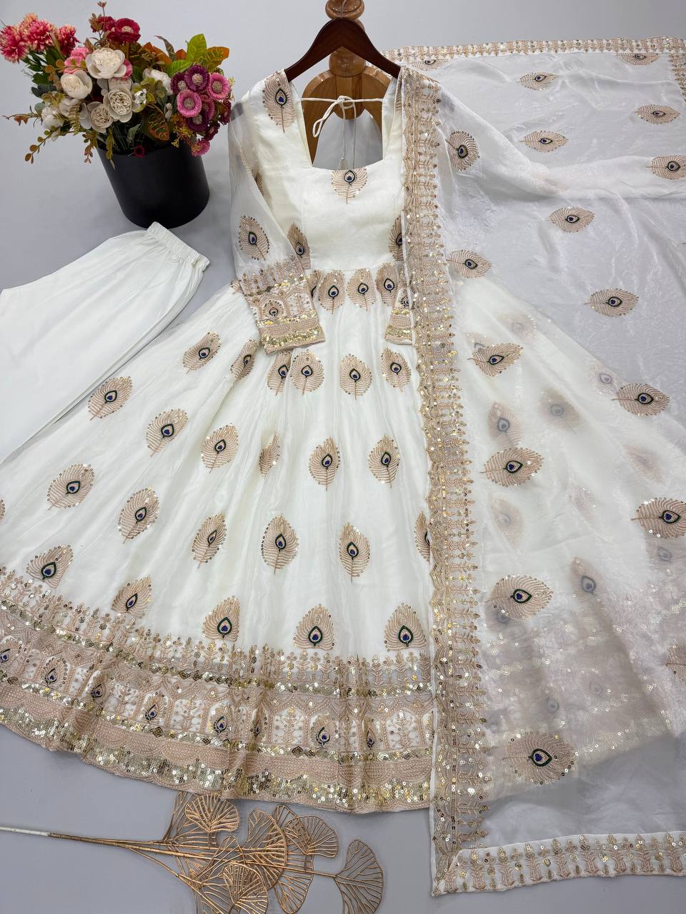 Party Wear Fendy Silk Heavy Embroidered Gown Set with Pant & Dupatta