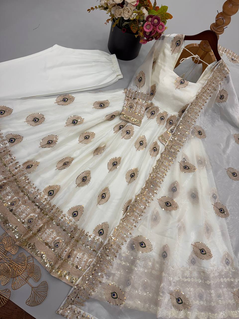 Party Wear Fendy Silk Heavy Embroidered Gown Set with Pant & Dupatta
