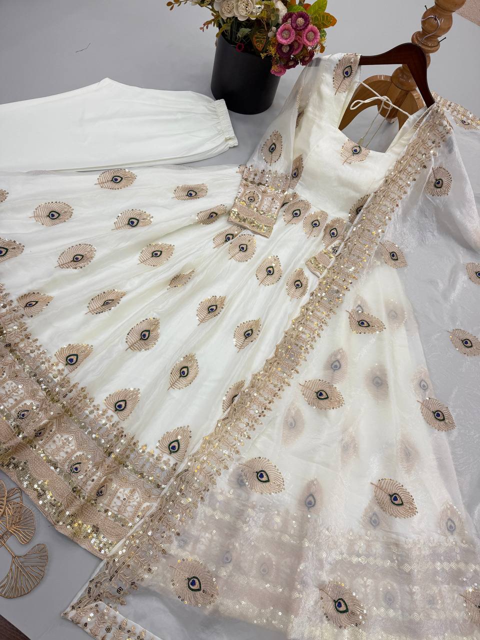 Party Wear Fendy Silk Heavy Embroidered Gown Set with Pant & Dupatta