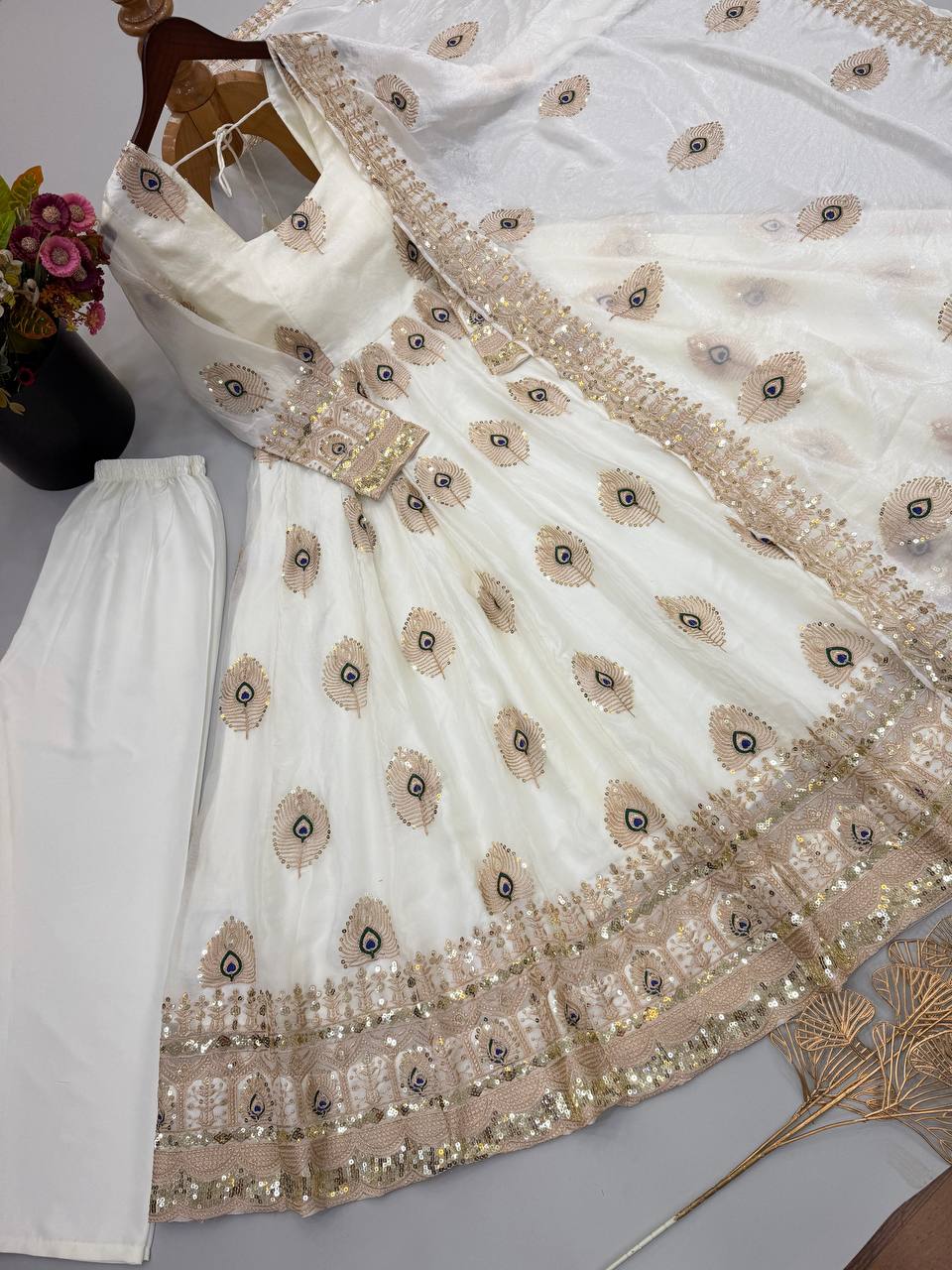 Party Wear Fendy Silk Heavy Embroidered Gown Set with Pant & Dupatta