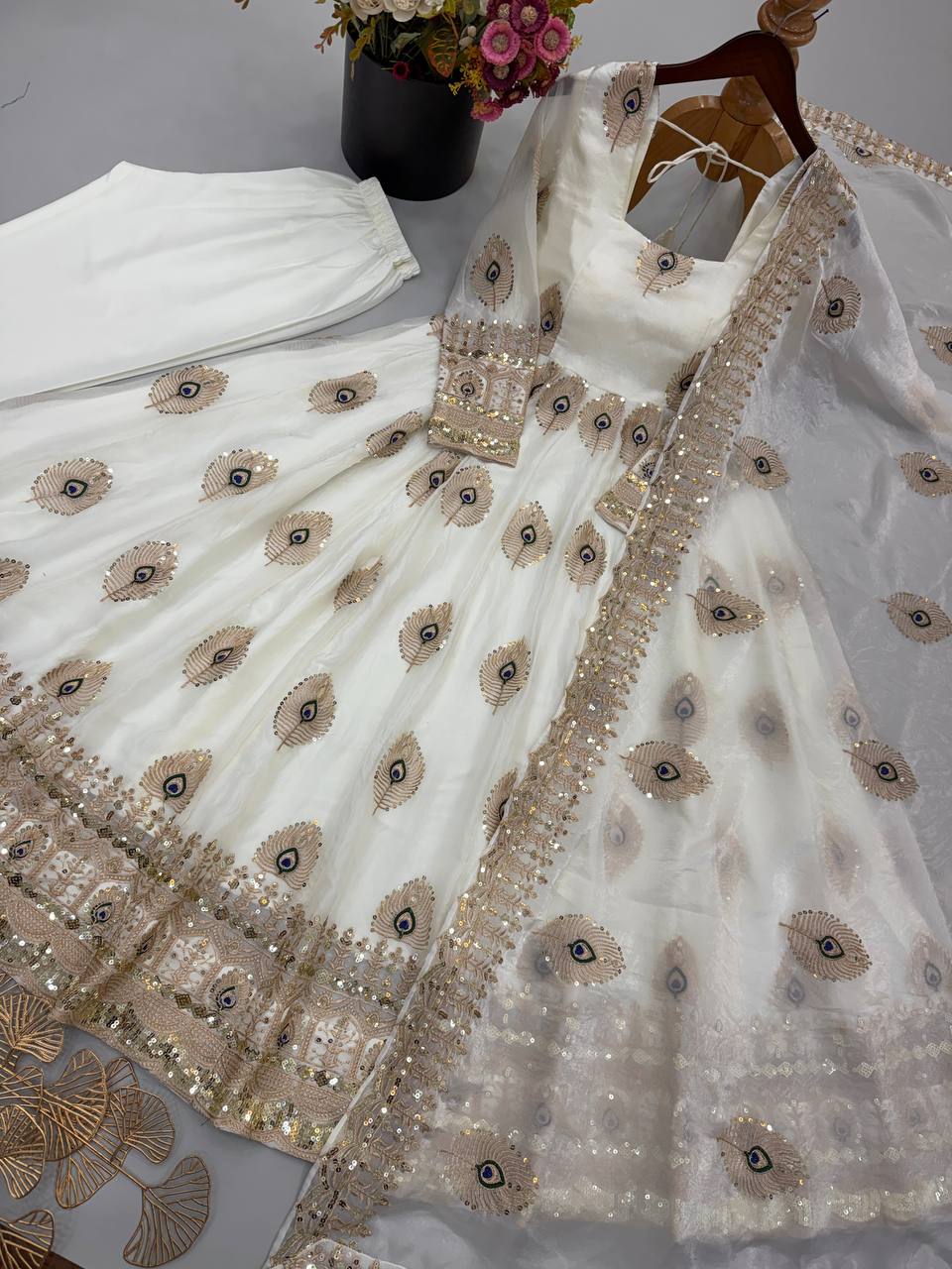 Party Wear Fendy Silk Heavy Embroidered Gown Set with Pant & Dupatta