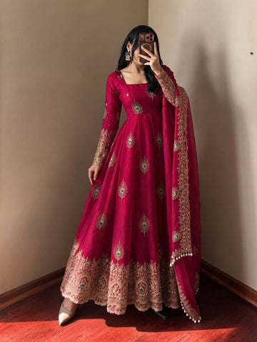 Party Wear Fendy Silk Heavy Embroidered Gown Set with Pant & Dupatta