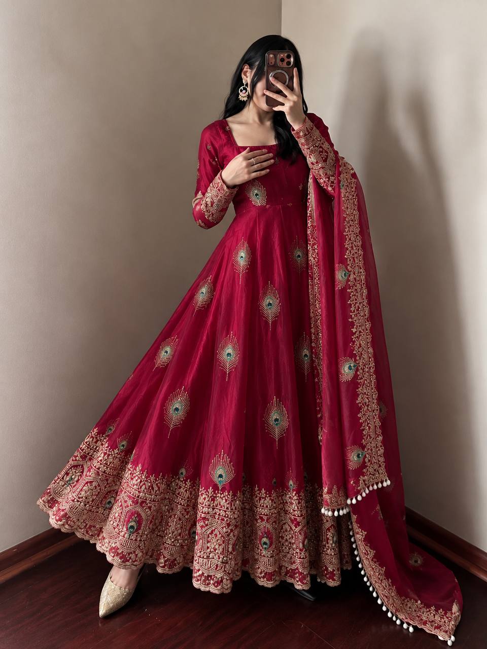 Party Wear Fendy Silk Heavy Embroidered Gown Set with Pant & Dupatta