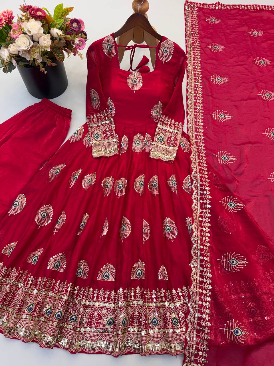 Party Wear Fendy Silk Heavy Embroidered Gown Set with Pant & Dupatta