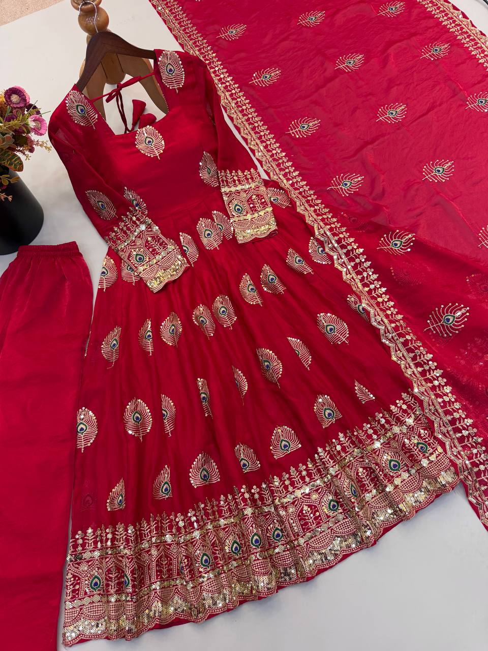 Party Wear Fendy Silk Heavy Embroidered Gown Set with Pant & Dupatta
