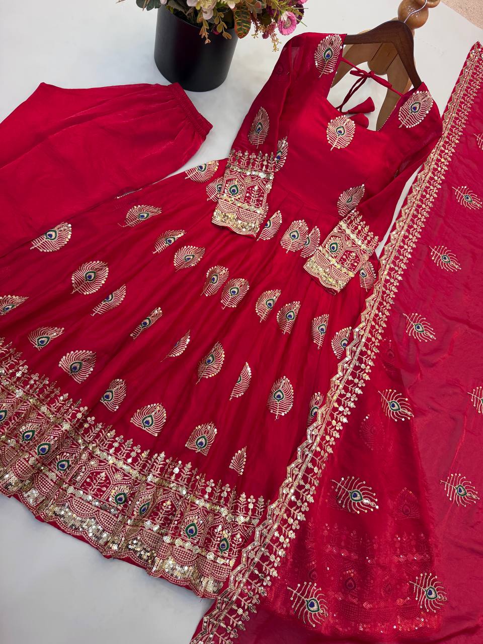 Party Wear Fendy Silk Heavy Embroidered Gown Set with Pant & Dupatta