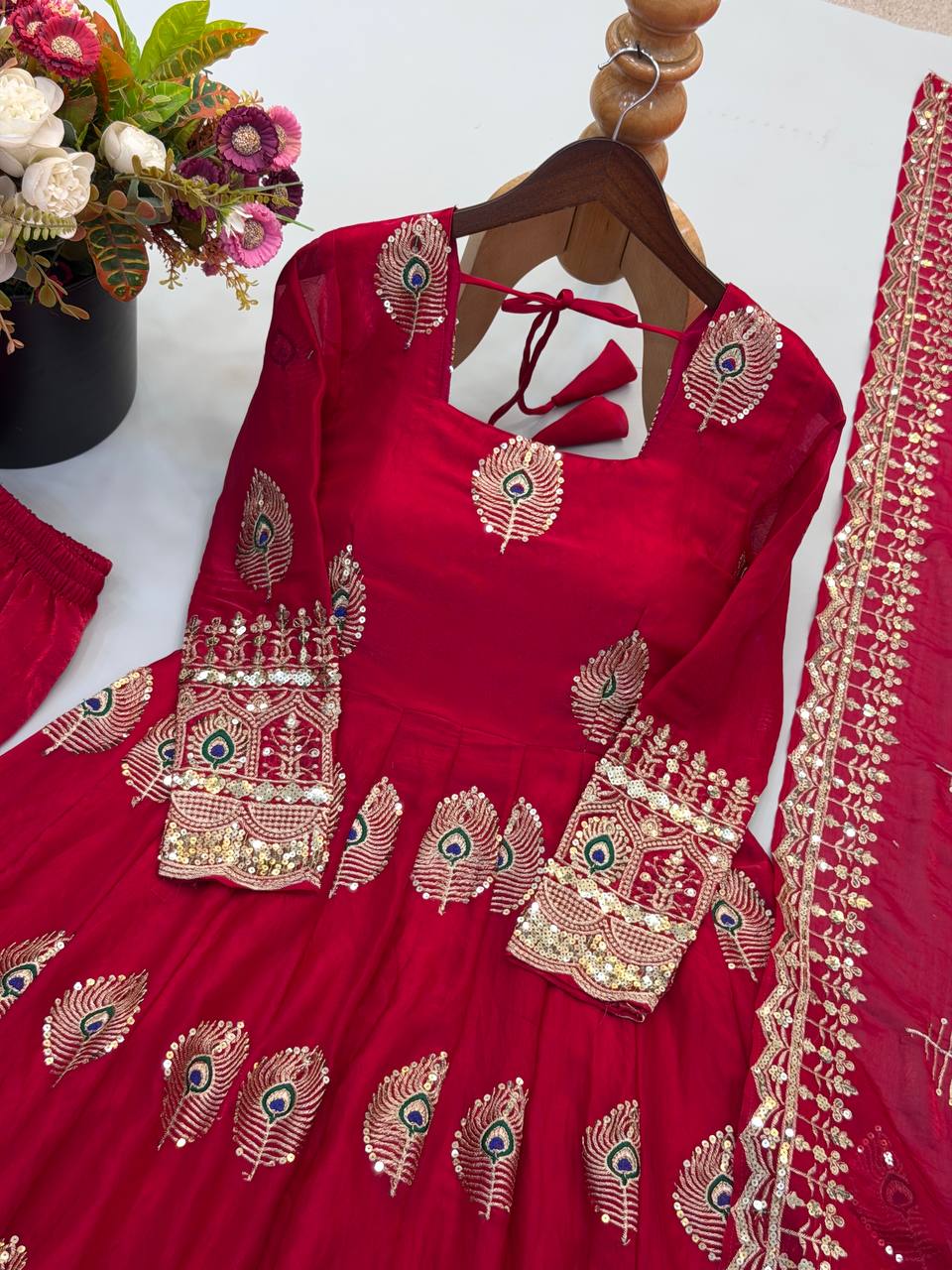 Party Wear Fendy Silk Heavy Embroidered Gown Set with Pant & Dupatta