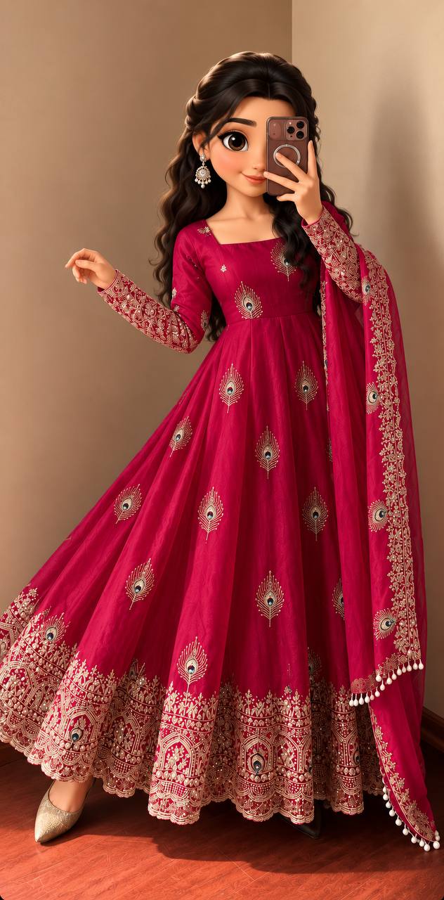 Party Wear Fendy Silk Heavy Embroidered Gown Set with Pant & Dupatta