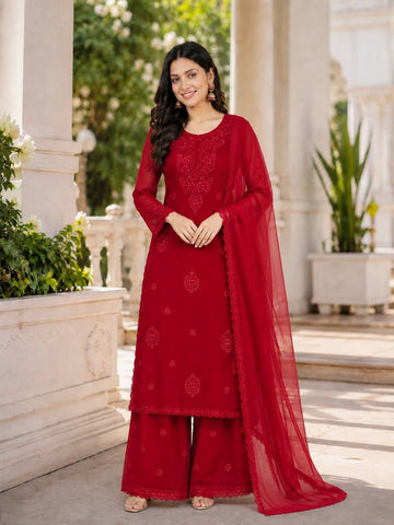 Designer Party Wear Embroidered Georgette Kurti with Plazzo & Dupatta Set