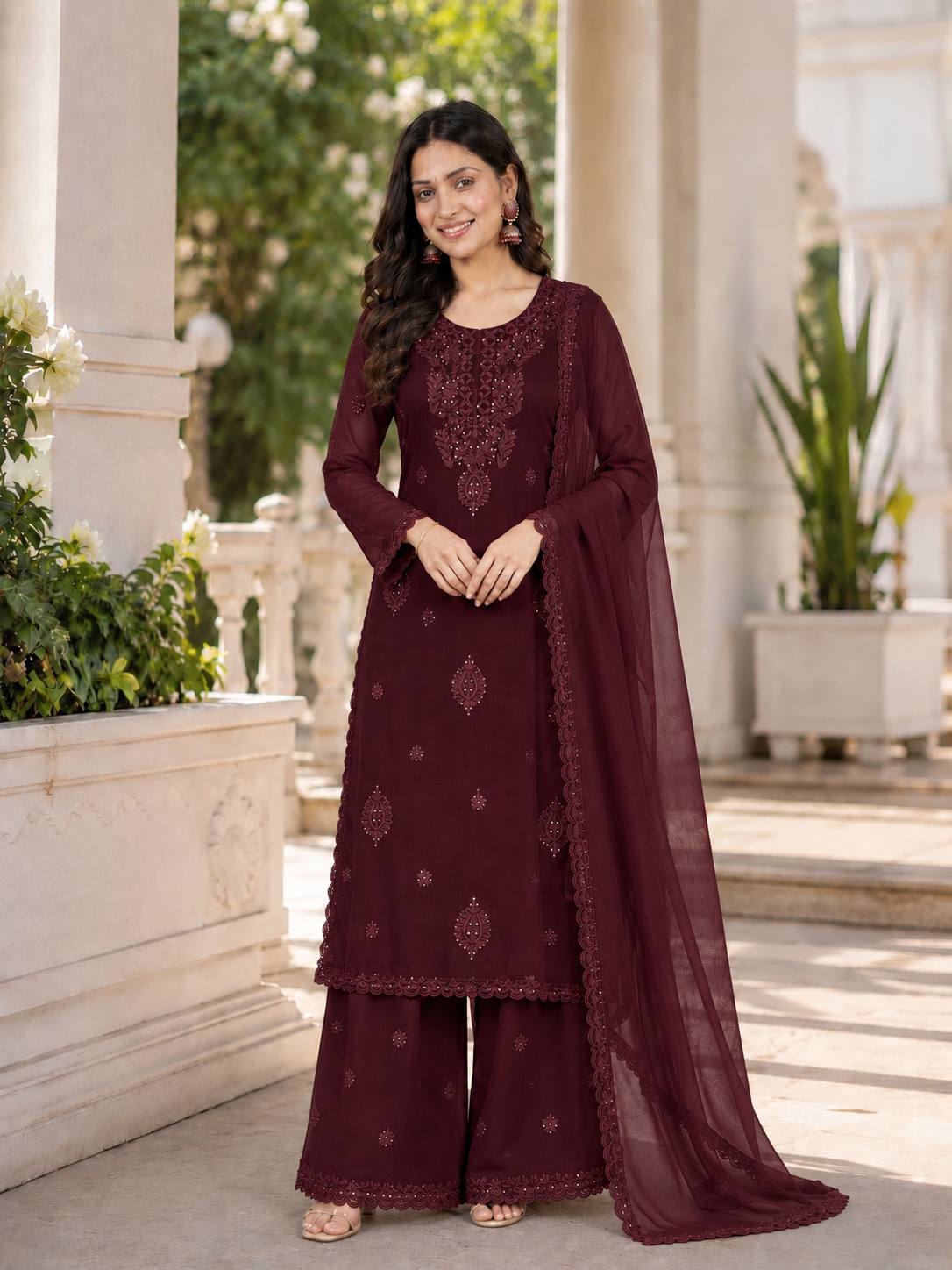 Designer Party Wear Embroidered Georgette Kurti with Plazzo & Dupatta Set