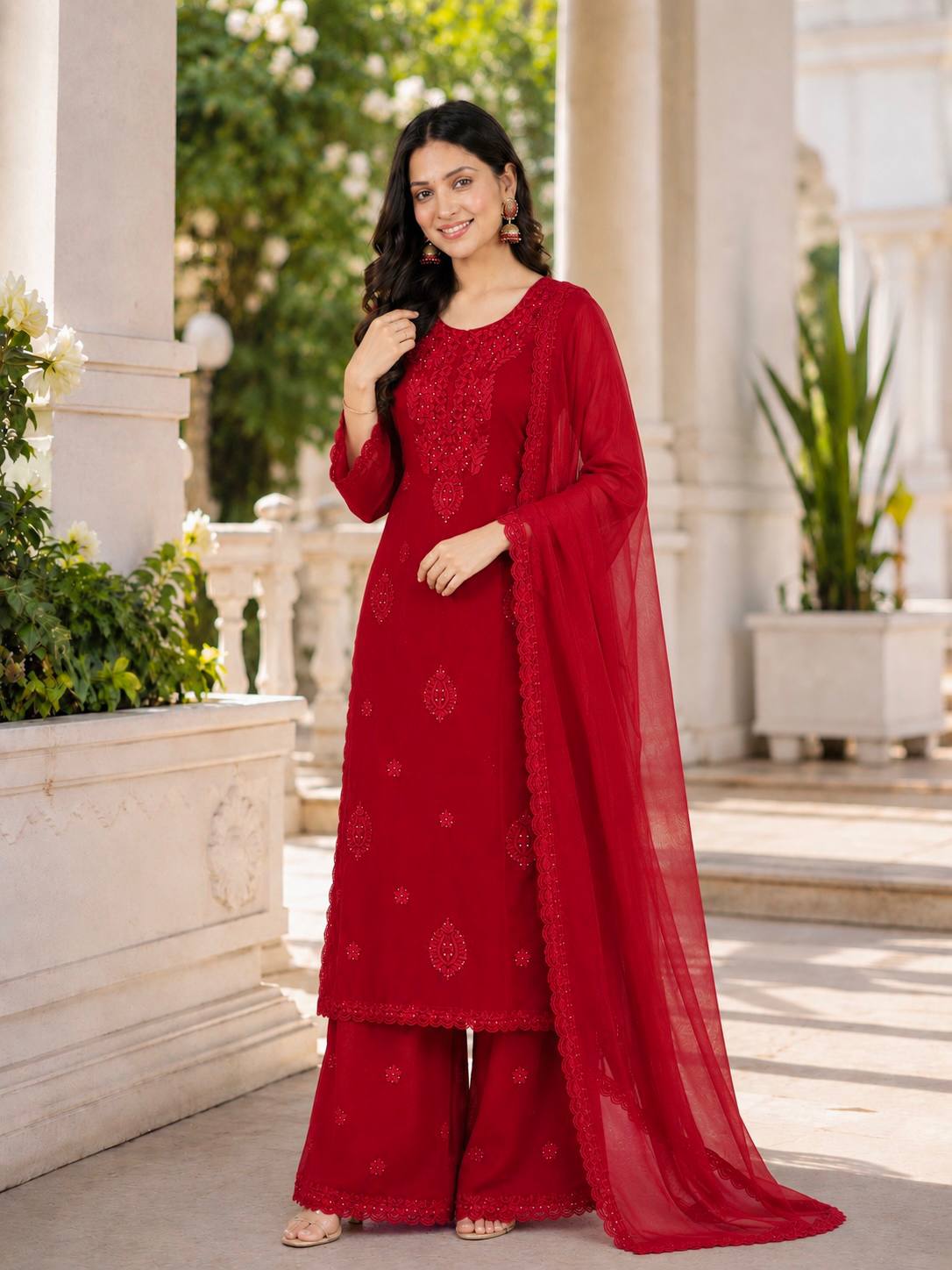 Designer Party Wear Embroidered Georgette Kurti with Plazzo & Dupatta Set