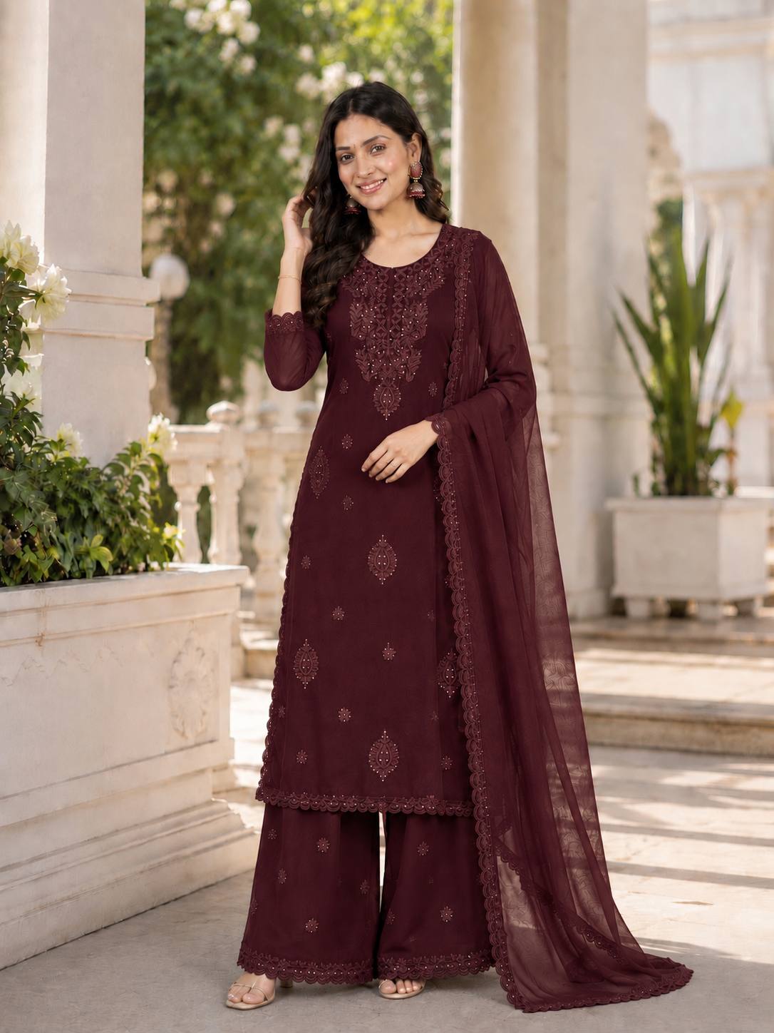 Designer Party Wear Embroidered Georgette Kurti with Plazzo & Dupatta Set