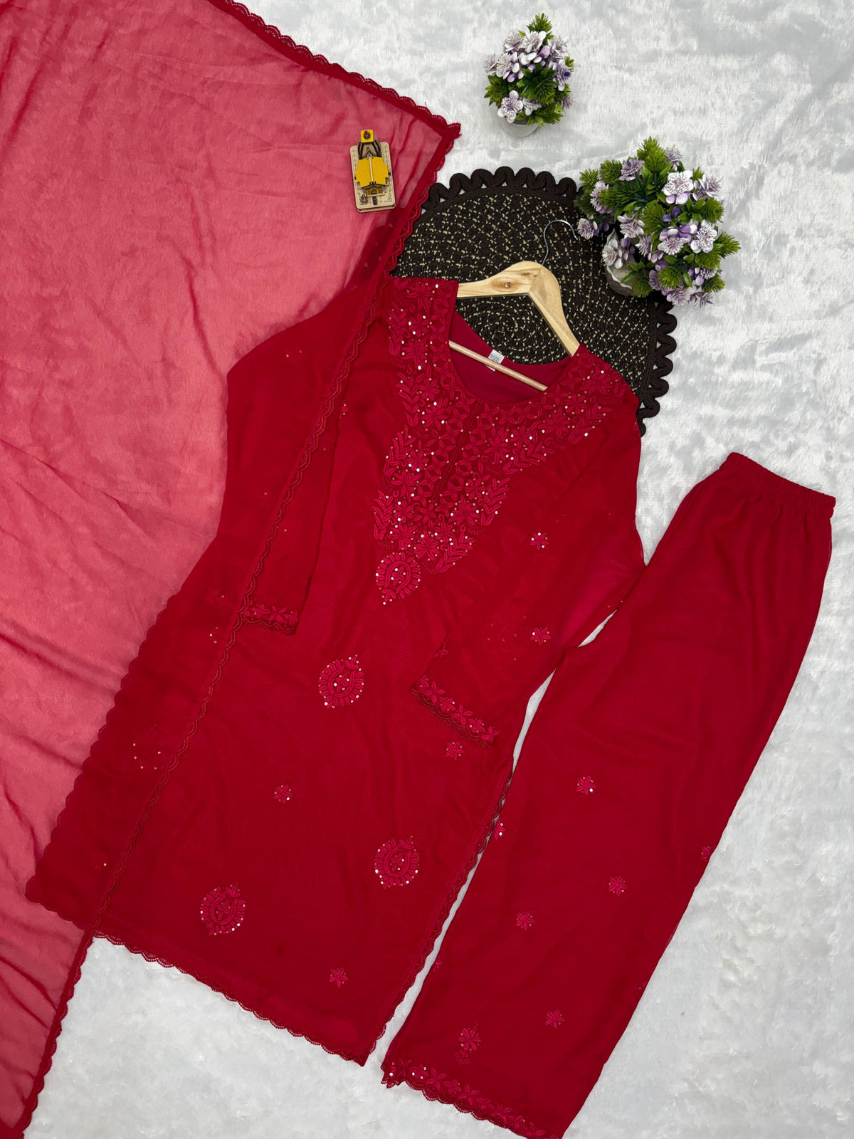 Designer Party Wear Embroidered Georgette Kurti with Plazzo & Dupatta Set