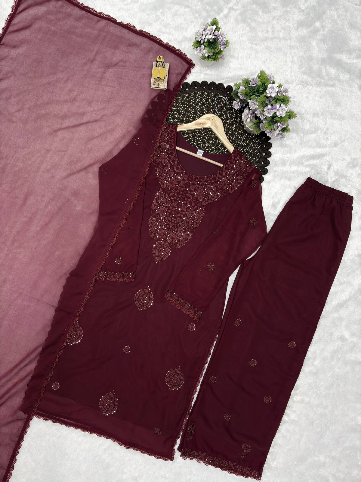 Designer Party Wear Embroidered Georgette Kurti with Plazzo & Dupatta Set