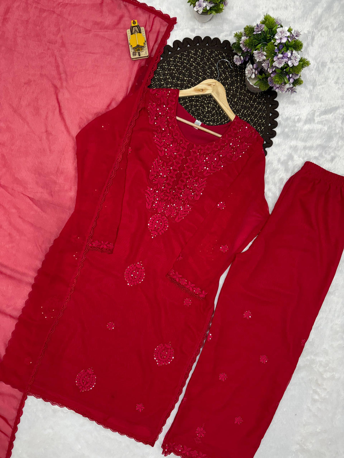 Designer Party Wear Embroidered Georgette Kurti with Plazzo & Dupatta Set