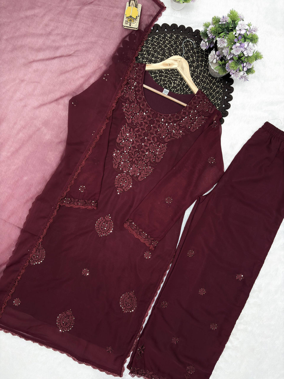 Designer Party Wear Embroidered Georgette Kurti with Plazzo & Dupatta Set