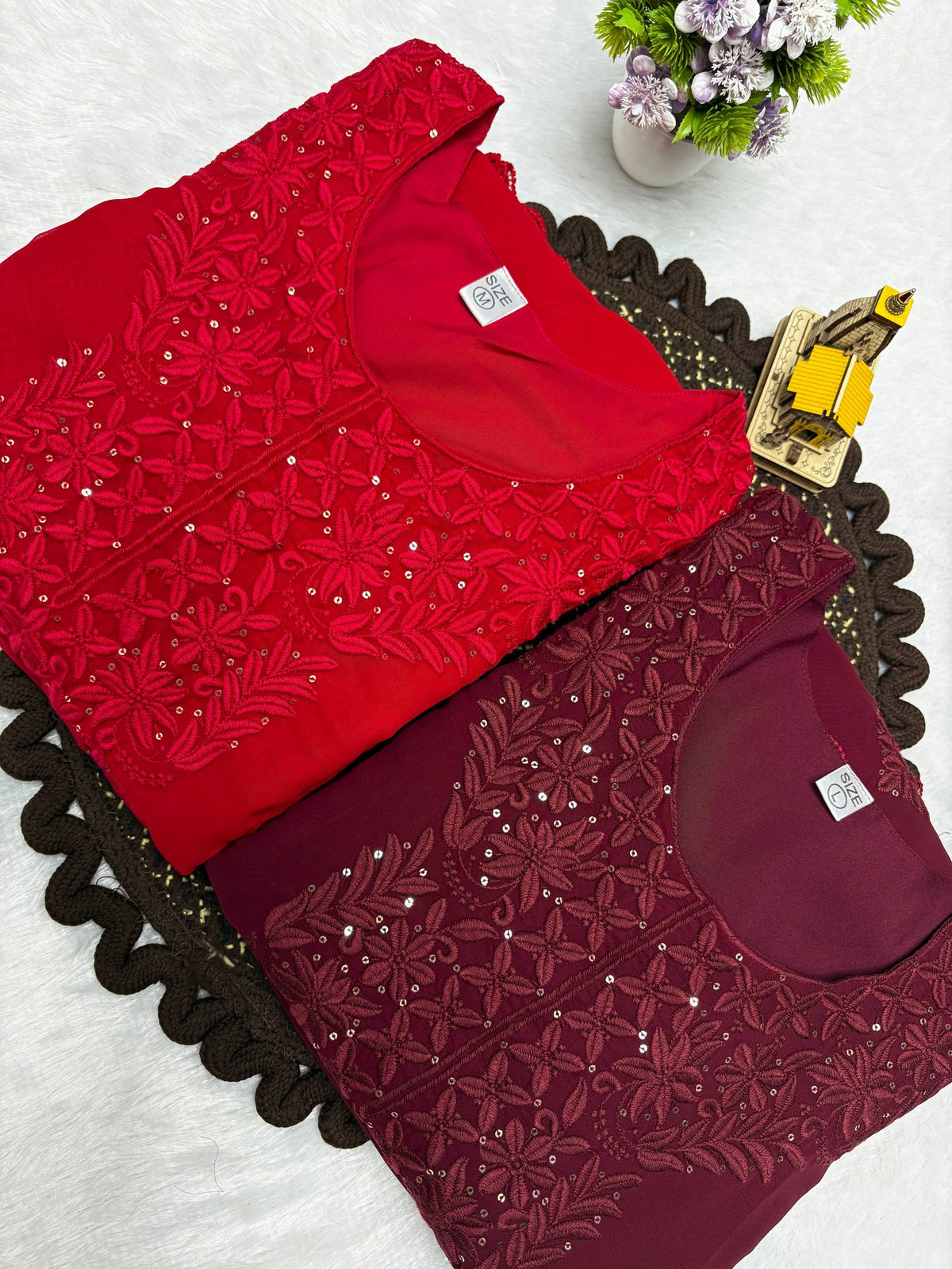 Designer Party Wear Embroidered Georgette Kurti with Plazzo & Dupatta Set