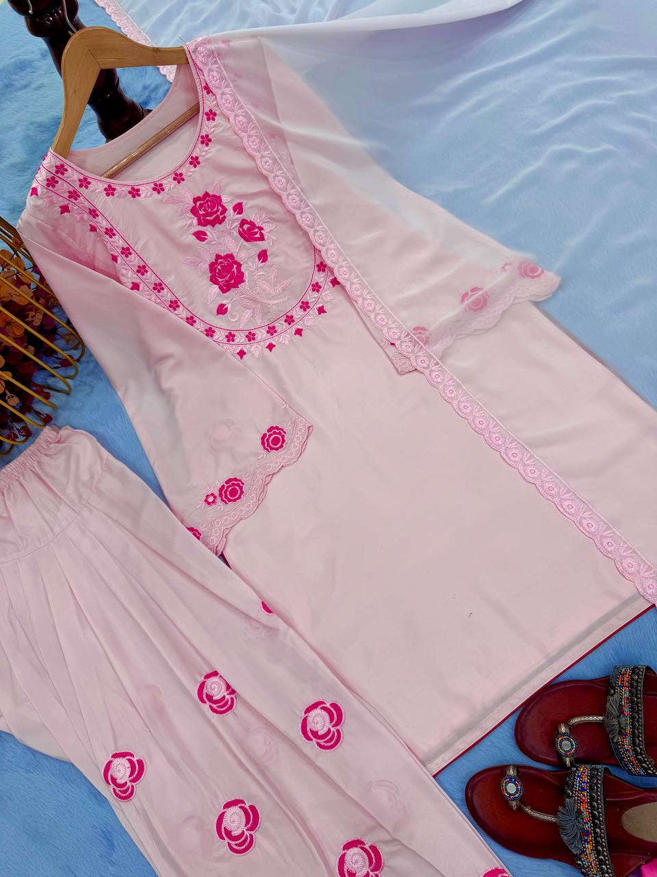 Designer Pure Natural Crepe Top with Farshi Palazzo & Georgette Dupatta Set