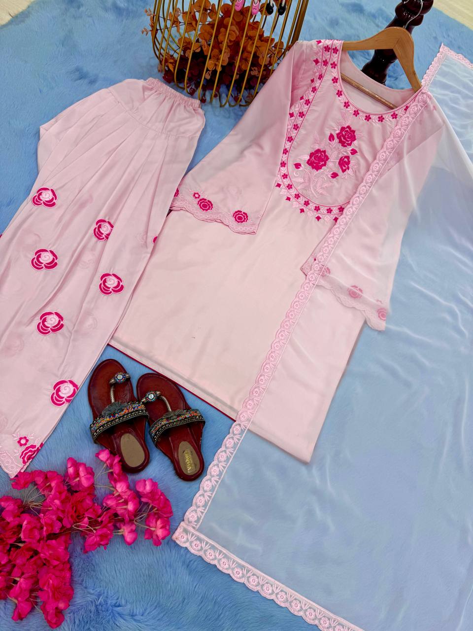 Designer Pure Natural Crepe Top with Farshi Palazzo & Georgette Dupatta Set