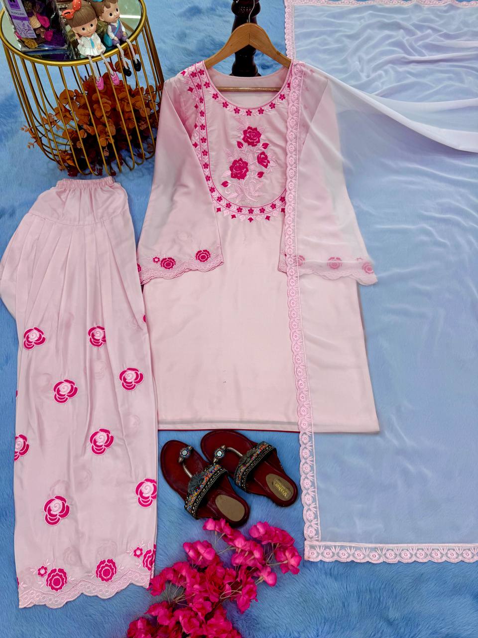 Designer Pure Natural Crepe Top with Farshi Palazzo & Georgette Dupatta Set