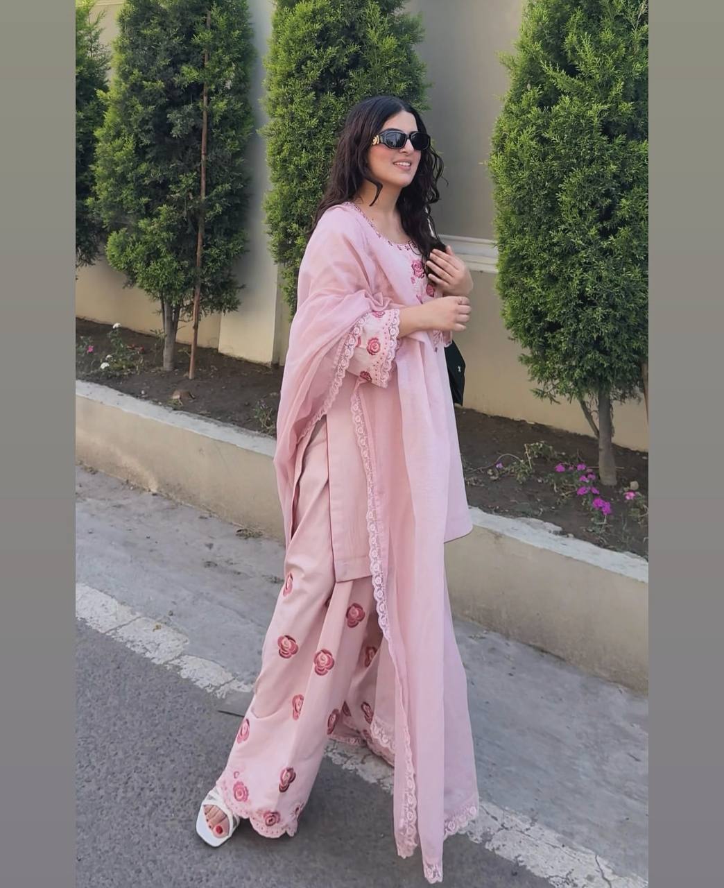 Designer Pure Natural Crepe Top with Farshi Palazzo & Georgette Dupatta Set