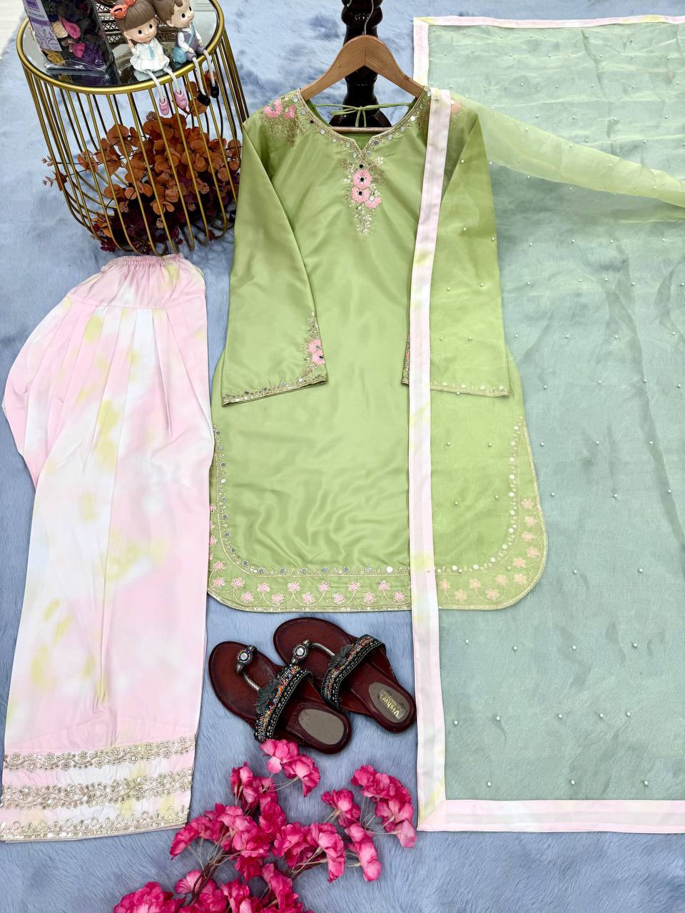 Designer Pure Natural Crepe Top with Digital Print Farshi Palazzo & Organza Moti Dupatta Set