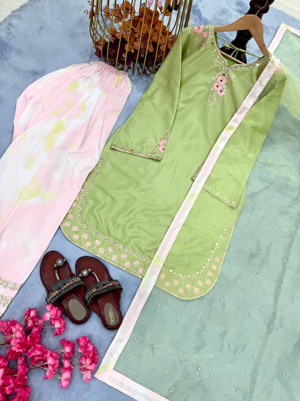 Designer Pure Natural Crepe Top with Digital Print Farshi Palazzo & Organza Moti Dupatta Set