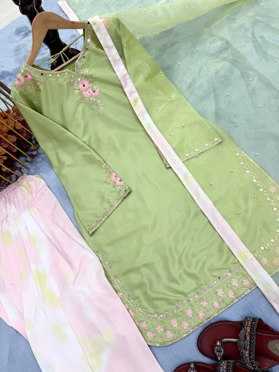 Designer Pure Natural Crepe Top with Digital Print Farshi Palazzo & Organza Moti Dupatta Set