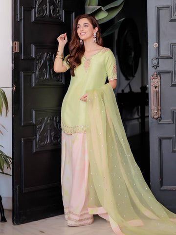 Designer Pure Natural Crepe Top with Digital Print Farshi Palazzo & Organza Moti Dupatta Set