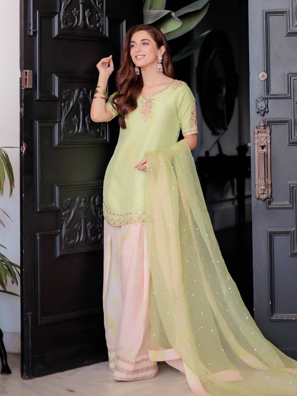 Designer Pure Natural Crepe Top with Digital Print Farshi Palazzo & Organza Moti Dupatta Set