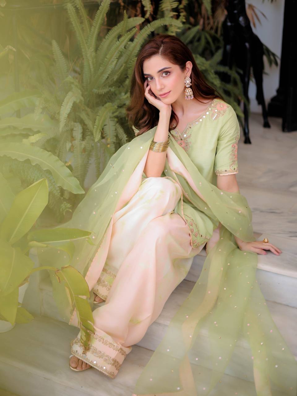 Designer Pure Natural Crepe Top with Digital Print Farshi Palazzo & Organza Moti Dupatta Set