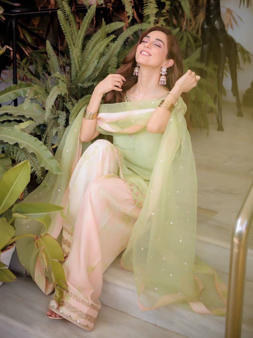 Designer Pure Natural Crepe Top with Digital Print Farshi Palazzo & Organza Moti Dupatta Set