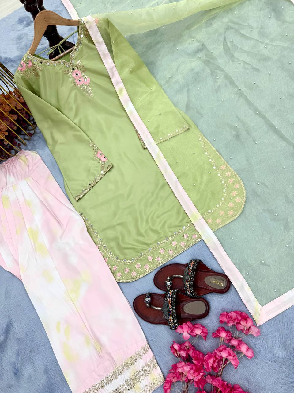 Designer Pure Natural Crepe Top with Digital Print Farshi Palazzo & Organza Moti Dupatta Set