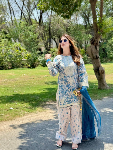 Designer Digital Printed Pure Natural Crepe Kurti with Flared Farshi Palazzo & Georgette Dupatta Set