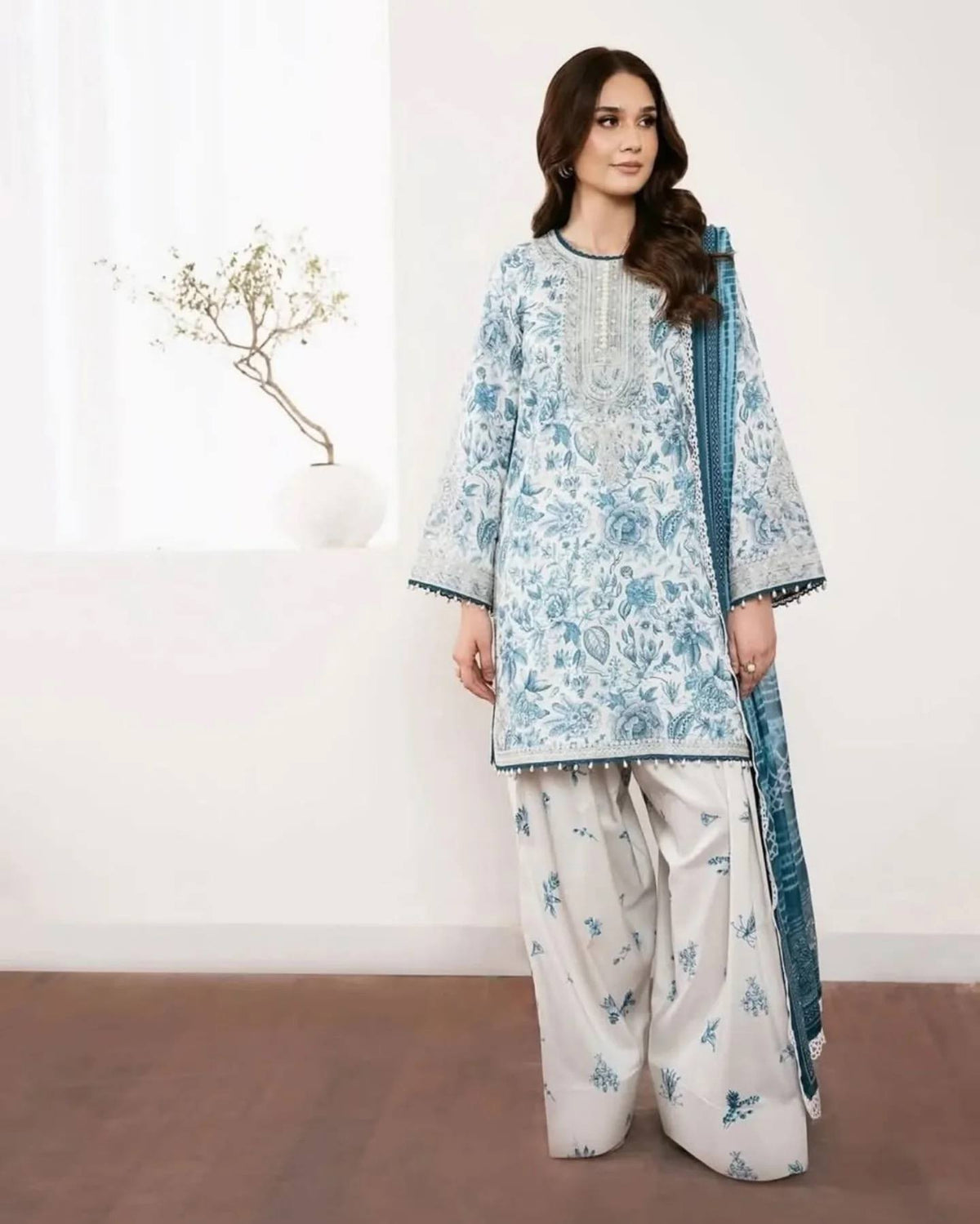 Designer Digital Printed Pure Natural Crepe Kurti with Flared Farshi Palazzo & Georgette Dupatta Set