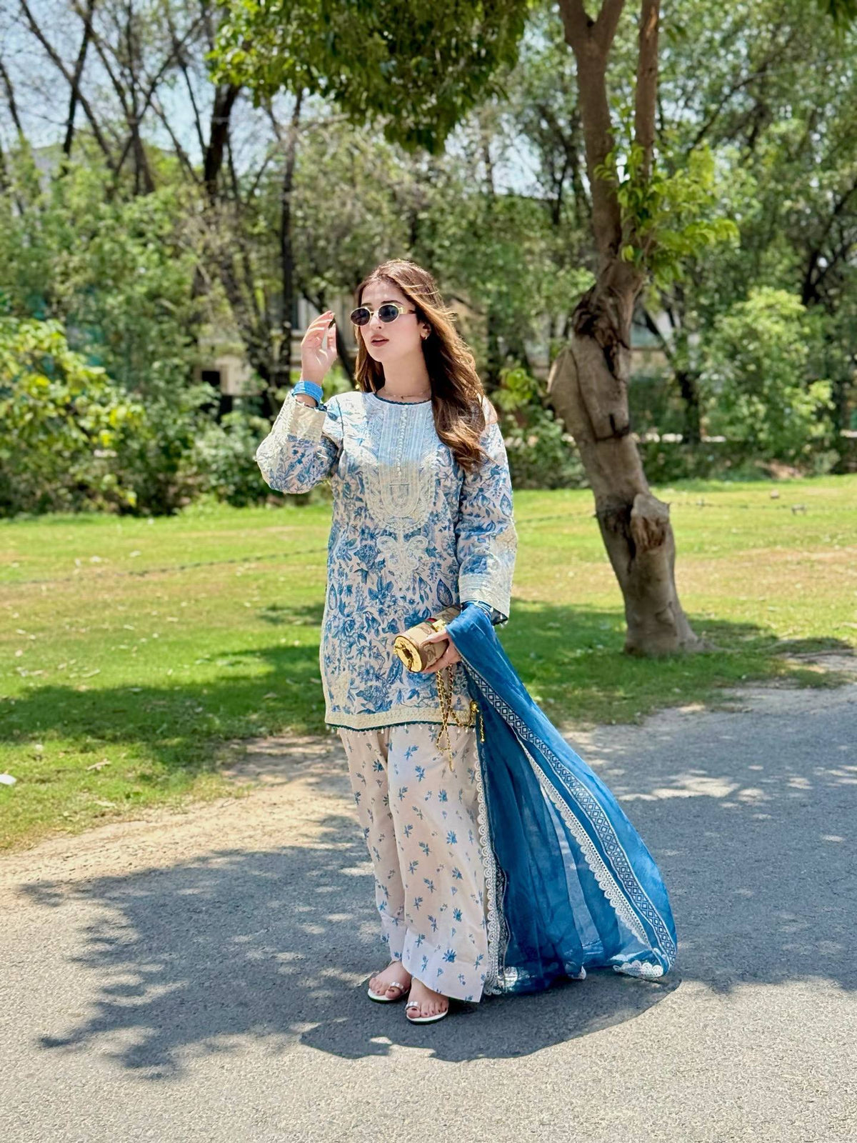 Designer Digital Printed Pure Natural Crepe Kurti with Flared Farshi Palazzo & Georgette Dupatta Set