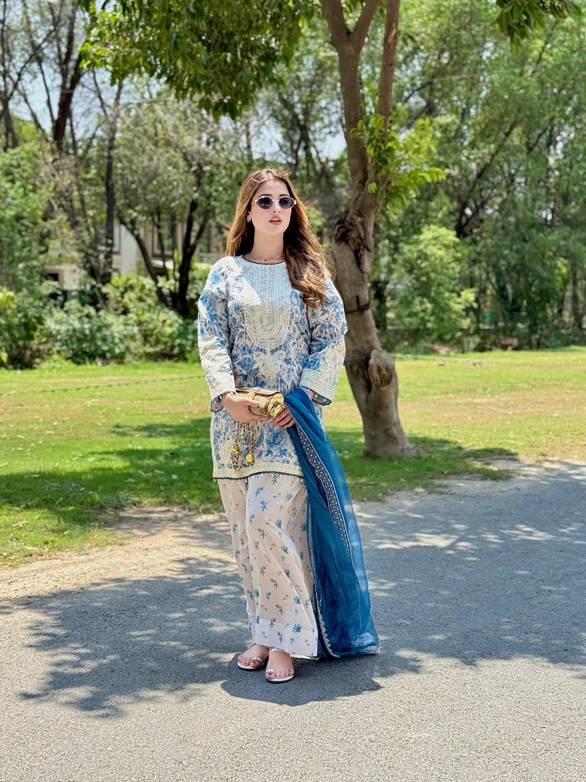 Designer Digital Printed Pure Natural Crepe Kurti with Flared Farshi Palazzo & Georgette Dupatta Set