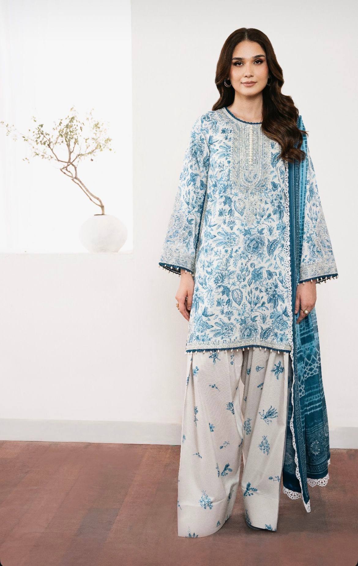 Designer Digital Printed Pure Natural Crepe Kurti with Flared Farshi Palazzo & Georgette Dupatta Set