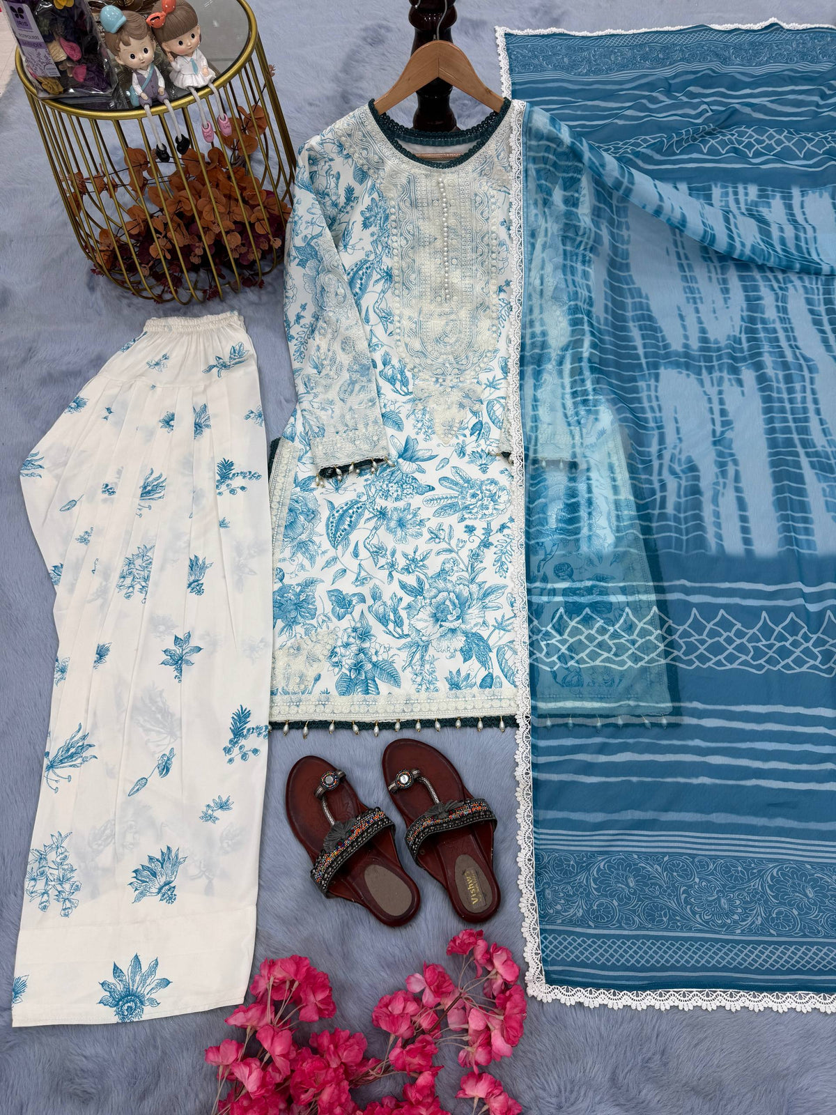 Designer Digital Printed Pure Natural Crepe Kurti with Flared Farshi Palazzo & Georgette Dupatta Set