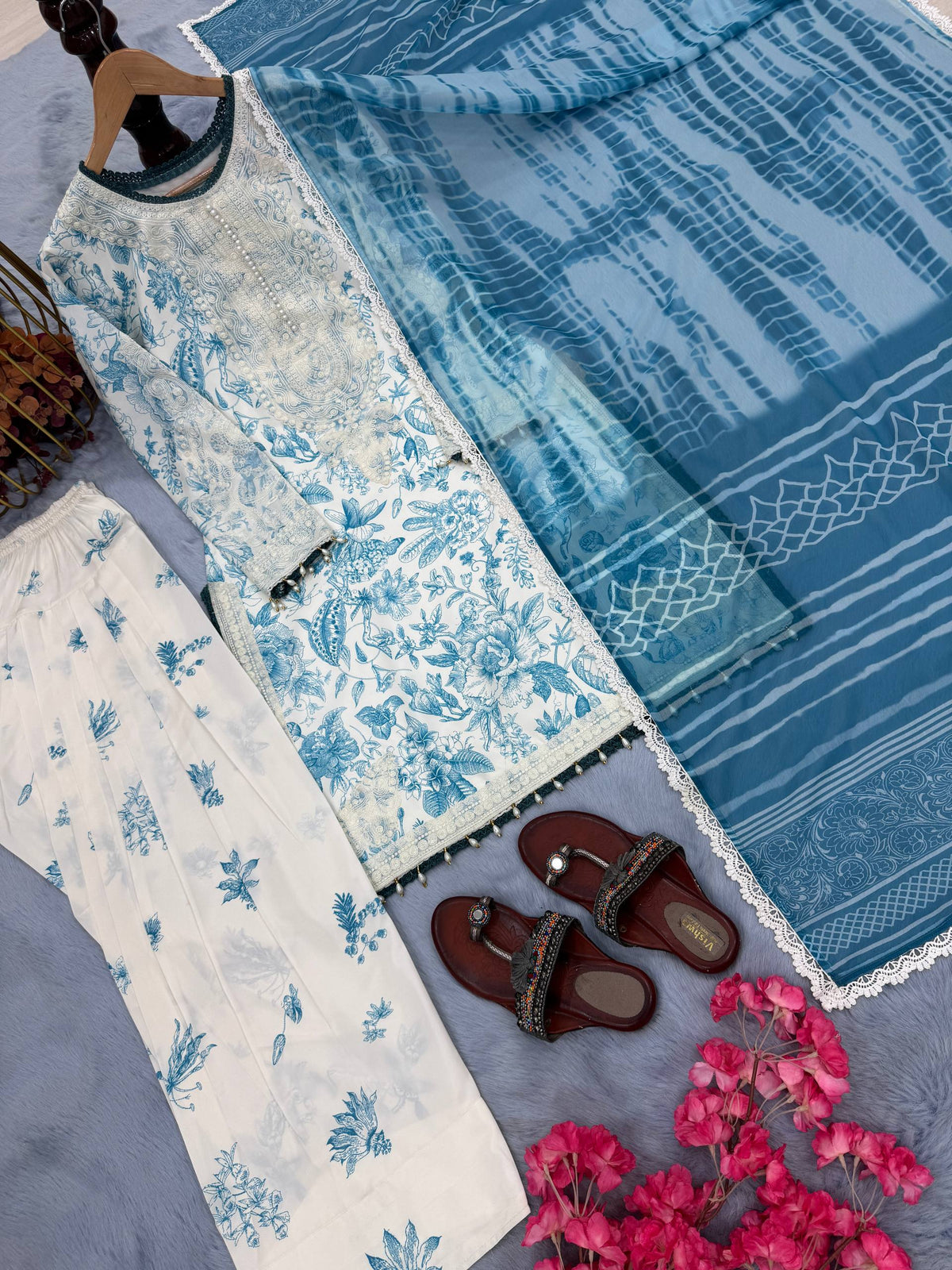 Designer Digital Printed Pure Natural Crepe Kurti with Flared Farshi Palazzo & Georgette Dupatta Set