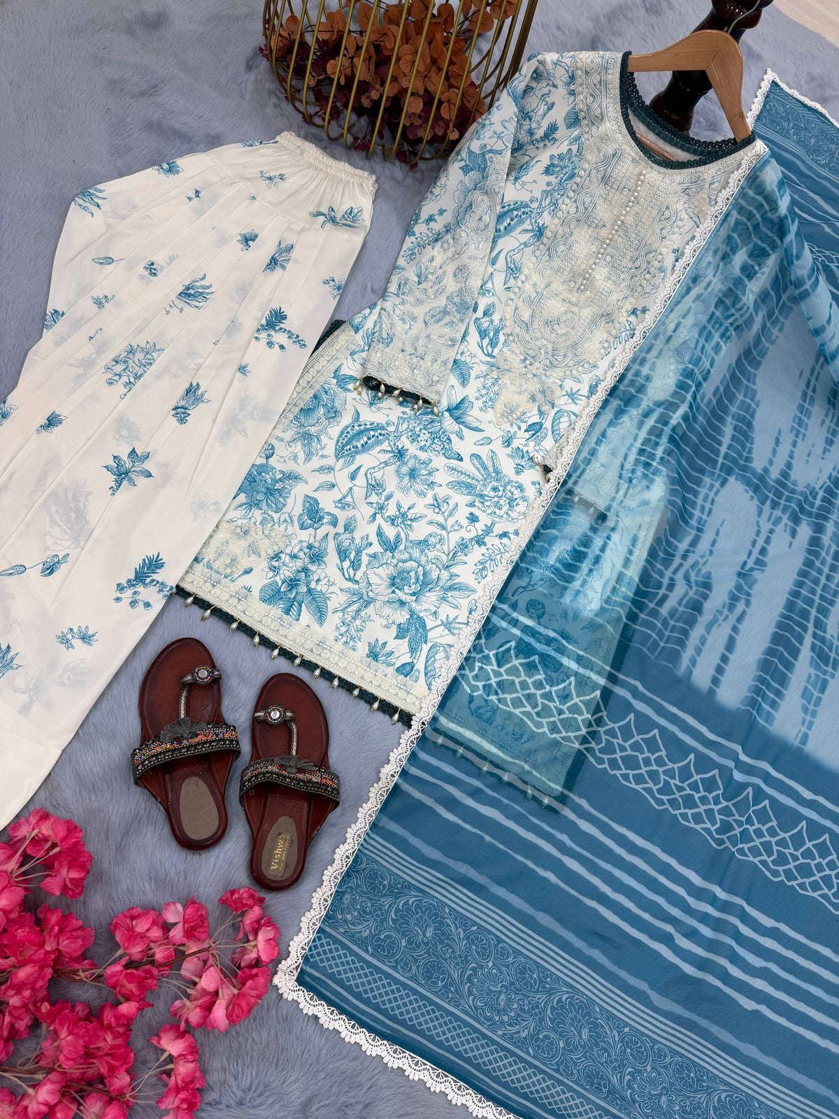 Designer Digital Printed Pure Natural Crepe Kurti with Flared Farshi Palazzo & Georgette Dupatta Set