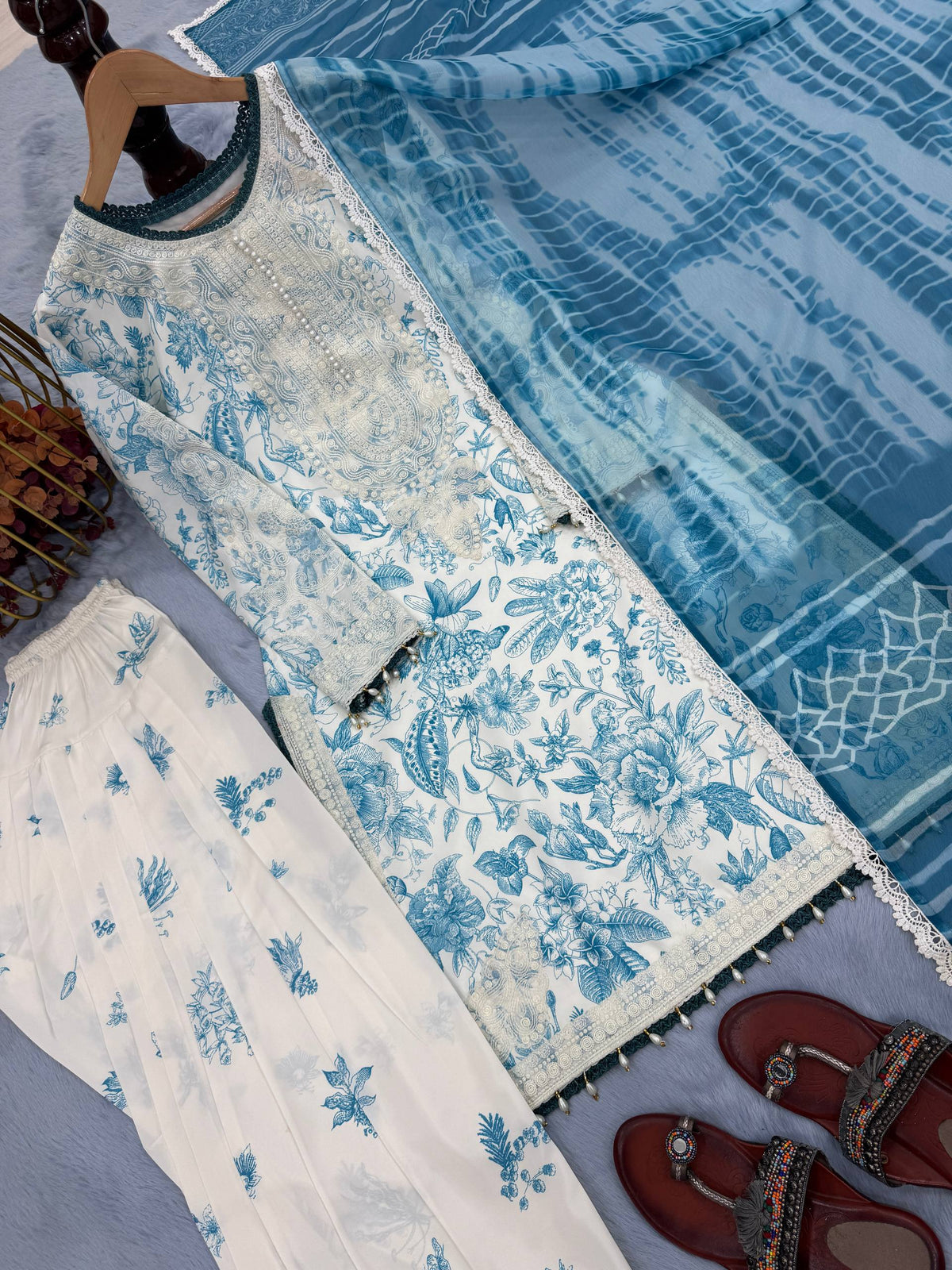 Designer Digital Printed Pure Natural Crepe Kurti with Flared Farshi Palazzo & Georgette Dupatta Set