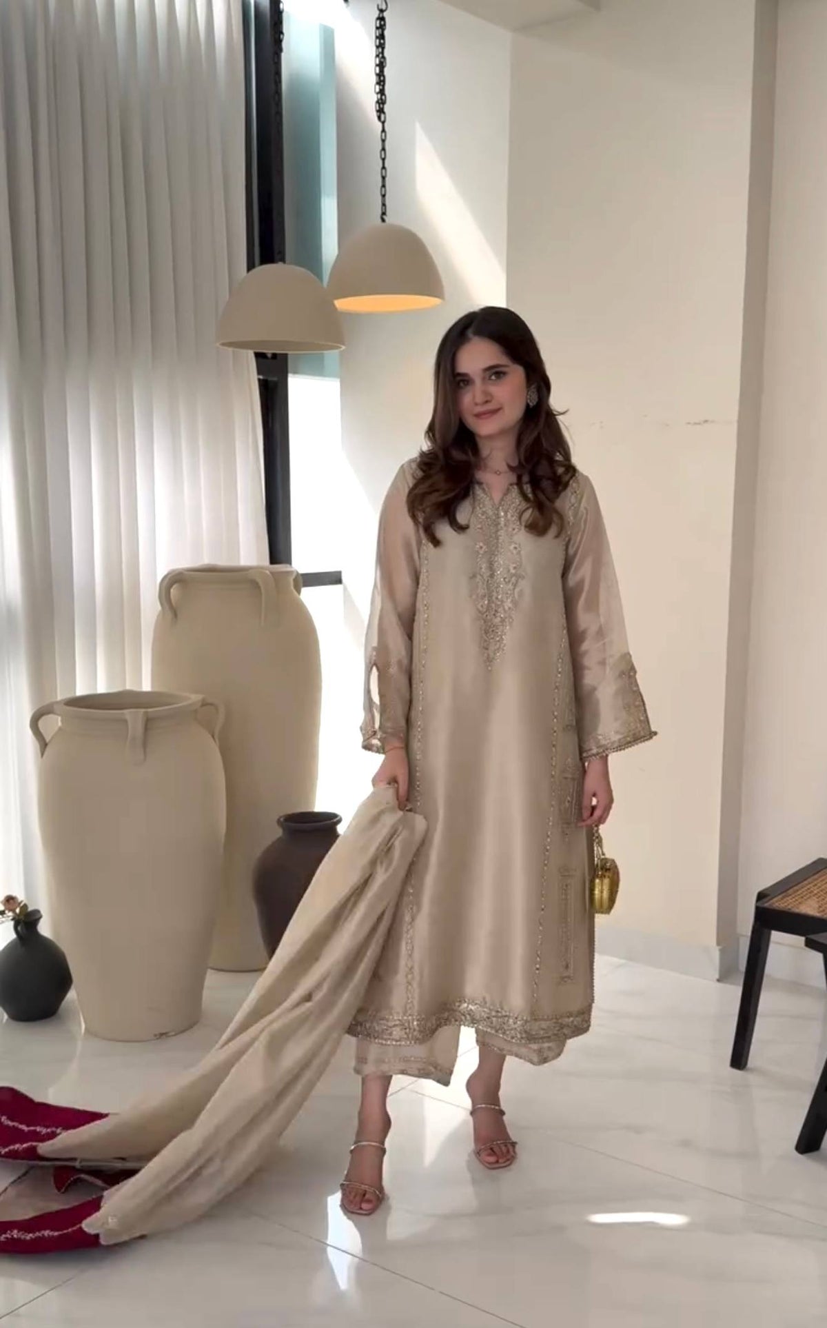 Designer Pure Jimmy Choo Silk Sequin Work Kurti with Palazzo & Dupatta 3-Piece Set